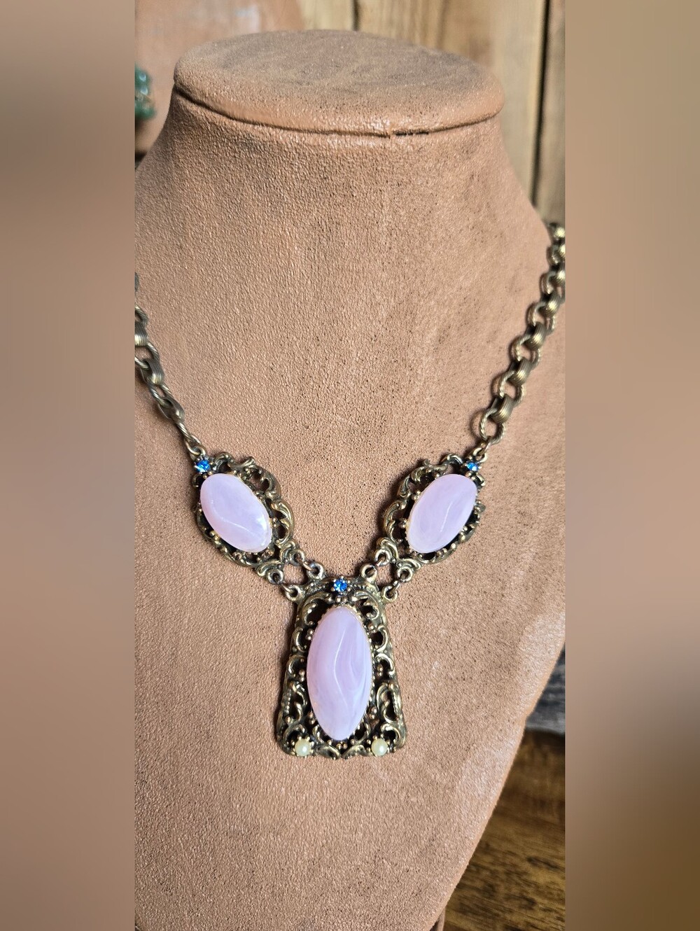 Vintage Gold Tone Pink Cabochon Filigree Statement Necklace 16"